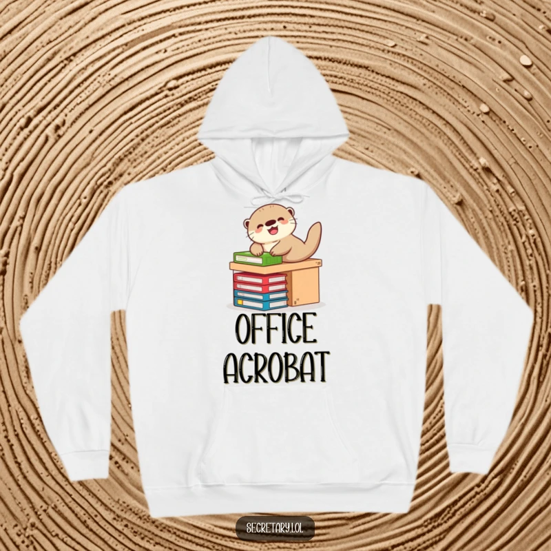 Funny otter giggling on a desk slide made of files, ideal for hoodies, cozy and fun.