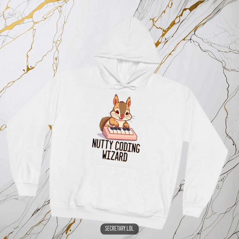 Funny squirrel hoodie showing a cute squirrel nose-typing on a tiny computer keyboard, great for a cozy laugh.