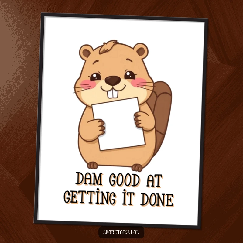 Funny Free Printable Wall Art: A cheerful beaver carefully filing a sheet of paper with its paw, adding character.