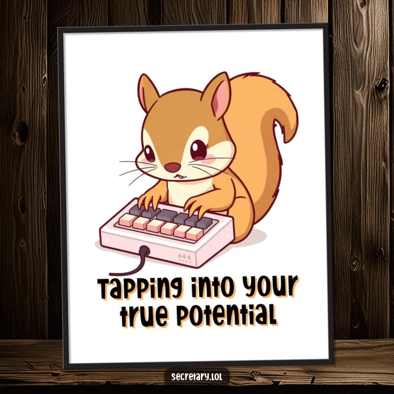 Funny Free Printable Wall Art: A busy squirrel tapping rapidly on a miniature keyboard with tiny claws, a dynamic piece.