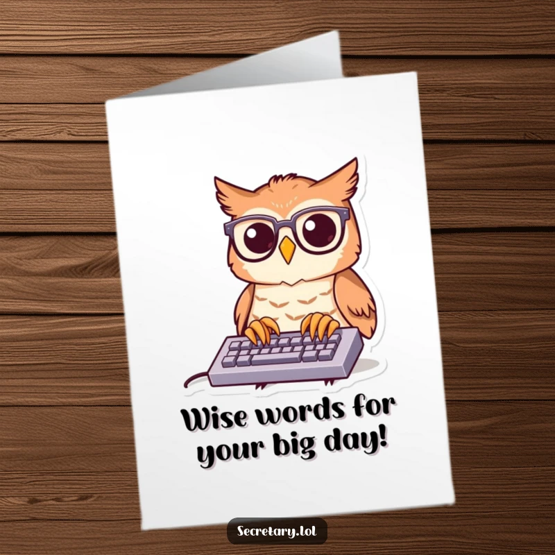 Funny Free Printable Birthday Card featuring a cheerful owl wearing spectacles, typing fast on a tiny keyboard, ready to send birthday wishes.