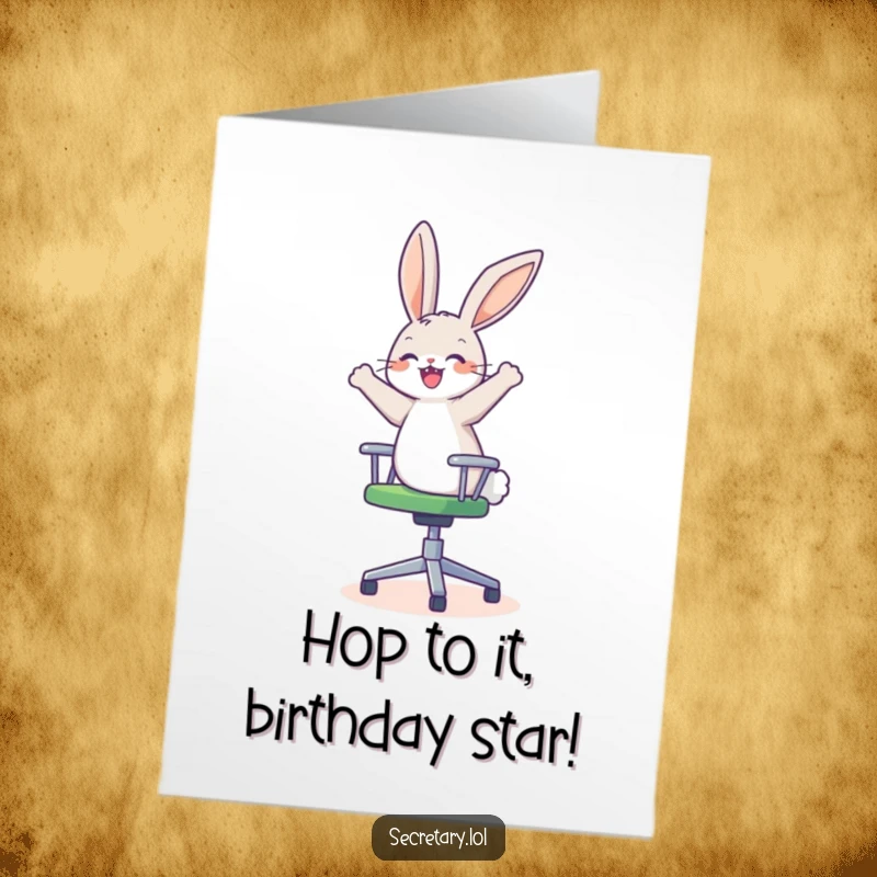 Funny Free Printable Birthday Card of a happy bunny looking dizzy and delighted, hopping onto a spinning office chair for fun.