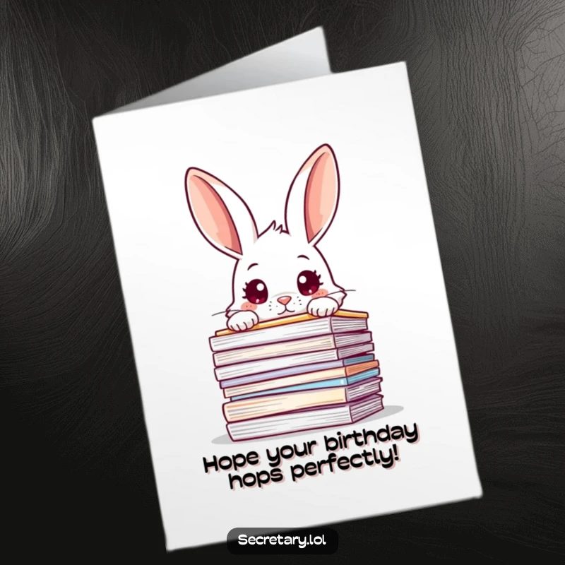 Funny Free Printable Birthday Card: A curious rabbit peeks wide-eyed over a huge stack of files, symbolizing big birthday surprises.