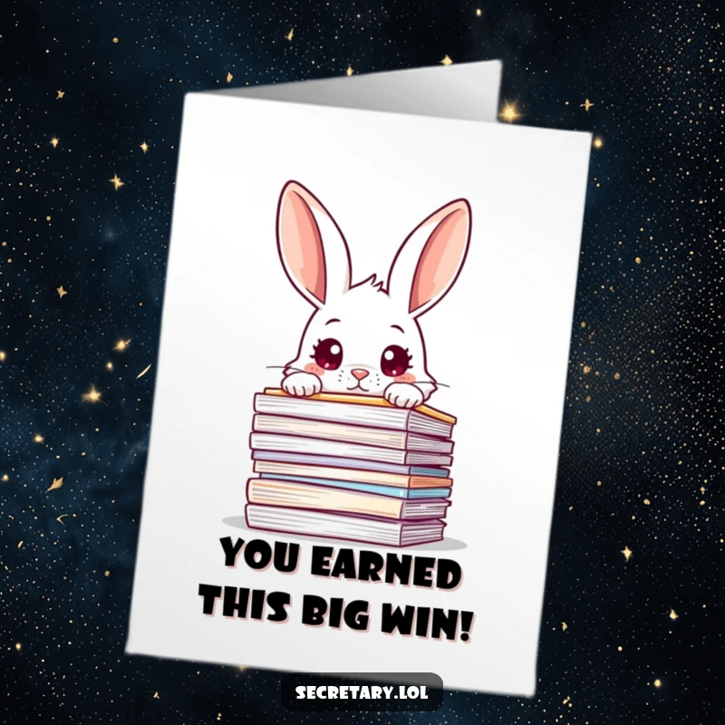 Funny Free Printable Congratulations Card: A curious rabbit peeks over overflowing files, eyes wide with amazement at their achievement.
