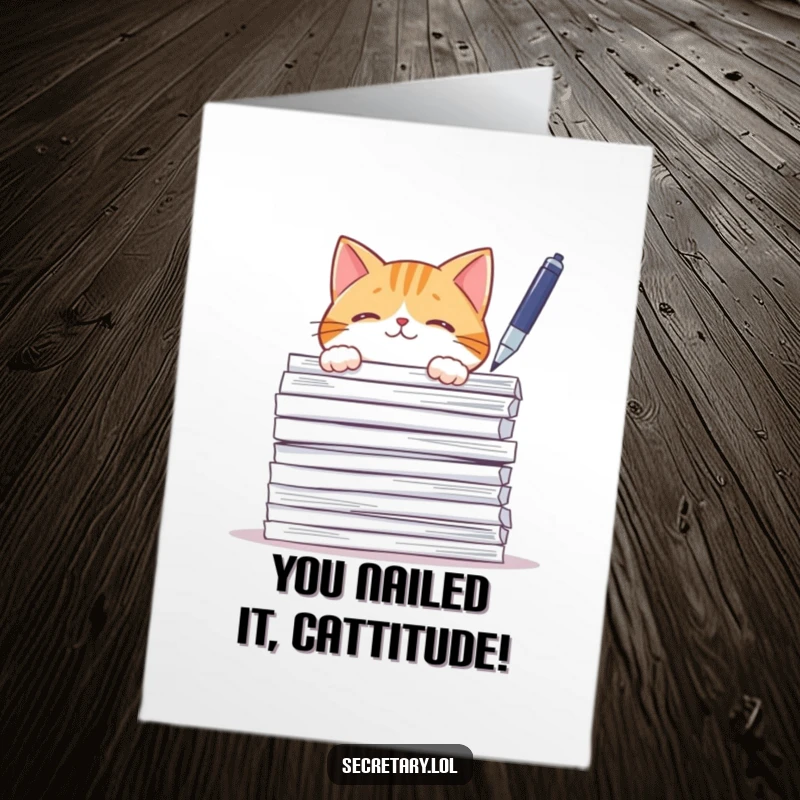 Funny Free Printable Congratulations Card of a curious cat batting a pen behind papers, symbolizing playful celebration of success.