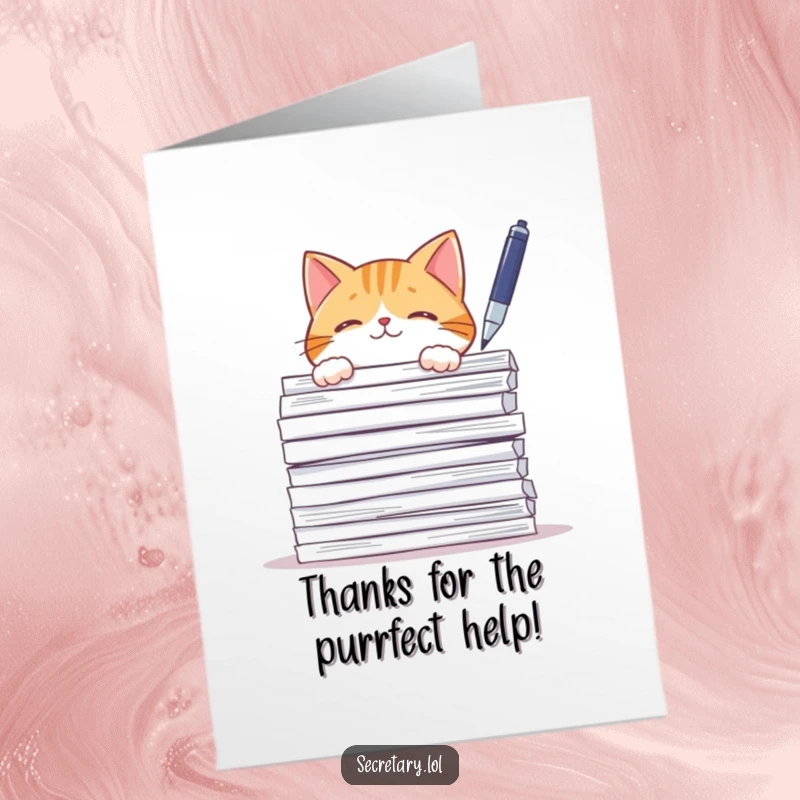 Funny Free Printable Thank You Card featuring a curious cat playfully batting a pen, expressing thanks with adorable mischief.