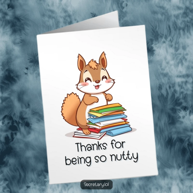 Funny Free Printable Thank You Card: A bouncy squirrel enthusiastically organizes colorful papers, sending vibrant thanks.