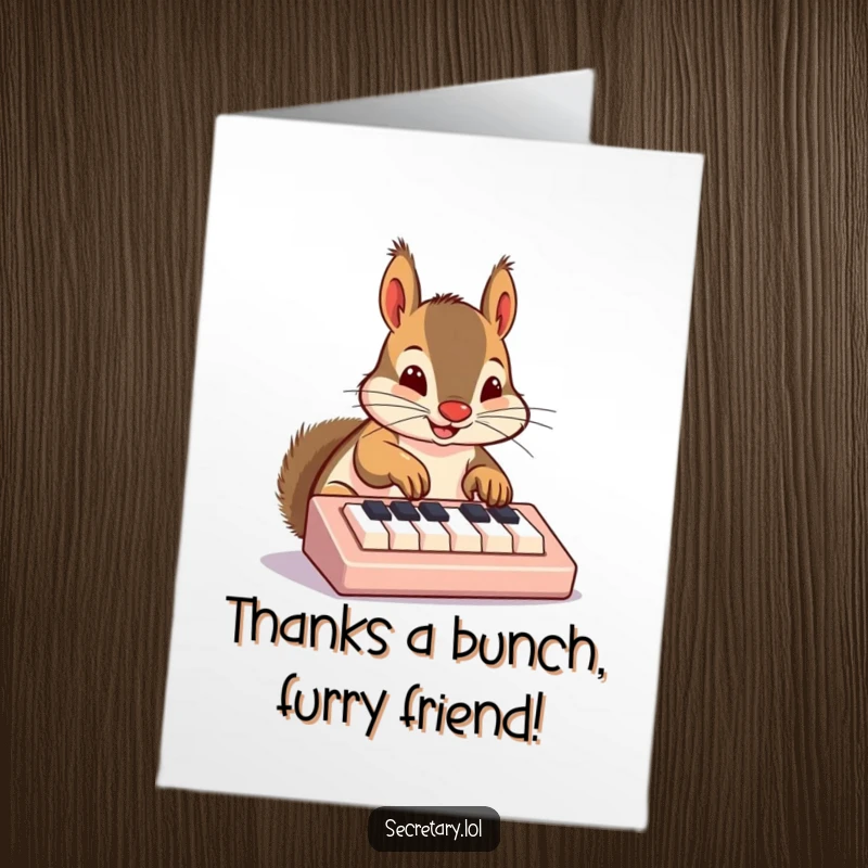 Funny Free Printable Thank You Card, a cheerful squirrel excitedly typing on a tiny keyboard to express heartfelt thanks.
