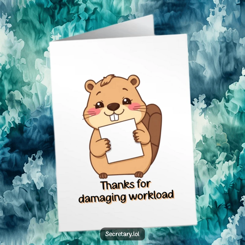 Funny Free Printable Thank You Card: Cheerful beaver carefully filing paper with its paw, a humorous way to thank someone.