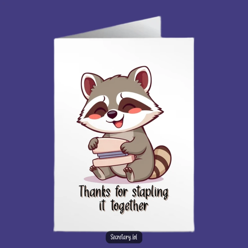 Free Printable Thank You Card: Giggling Raccoon Stapling, Attached Gratitude!