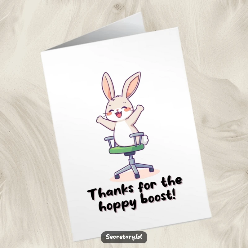 Funny Free Printable Thank You Card of a happy, dizzy bunny on a spinning chair, conveying thanks with adorable, chaotic delight.