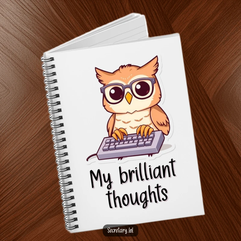 Funny owl wearing spectacles, typing on a tiny keyboard, featured on a notebook cover for humorous note-taking.