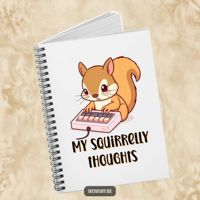 Funny squirrel tapping rapidly on a miniature keyboard with tiny claws, perfect for organizing thoughts with a humorous tech touch.