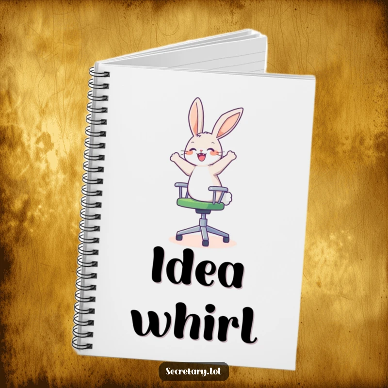 Funny happy bunny on a spinning office chair, looking dizzy and delighted, ideal for notebooks.