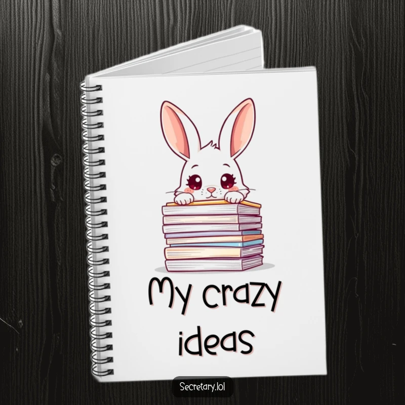 Funny rabbit peeking over a stack of files with wide eyes, on a notebook cover for humorous journaling.