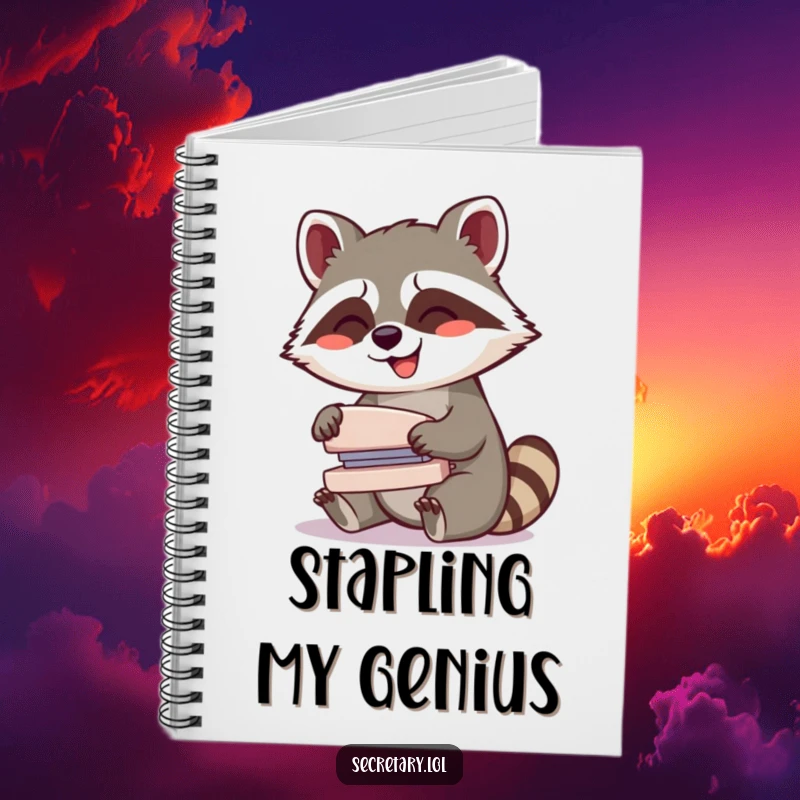 Funny giggling raccoon operating a stapler, on a notebook cover for humorous journaling.