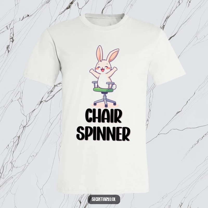 Funny happy bunny spinning on an office chair, looking dizzy and delighted, perfect for t-shirts.