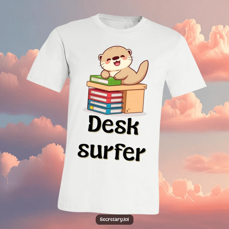 Funny otter giggling while sliding down a desk on files, perfect for t-shirts.