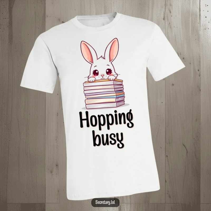 Funny rabbit peeking over a large stack of messy files with wide, curious eyes, printed on a t-shirt.