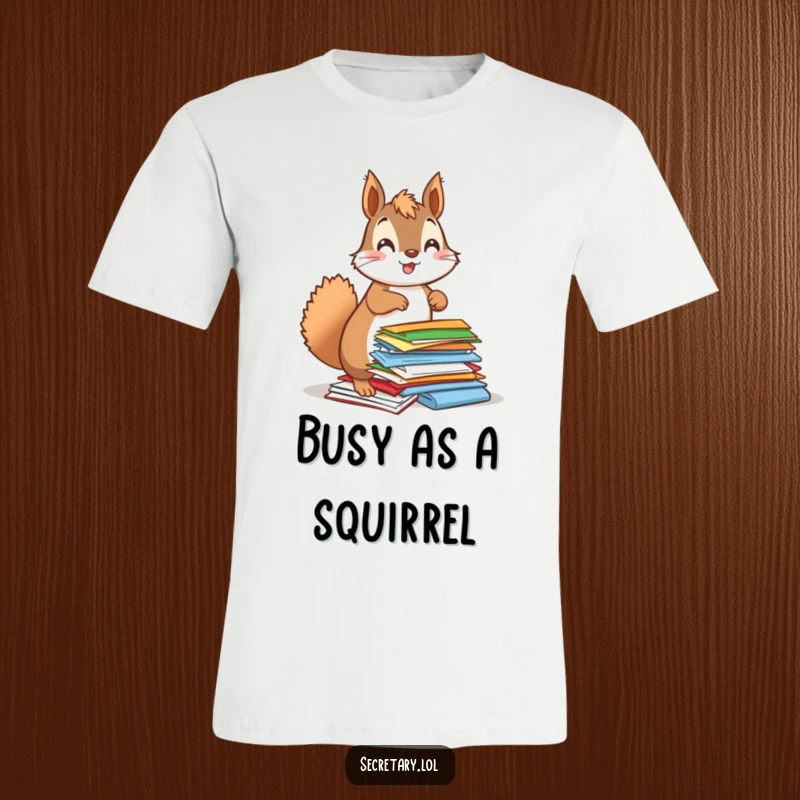 Funny squirrel enthusiastically organizing a pile of vibrant papers with a bouncy posture, printed on a t-shirt.