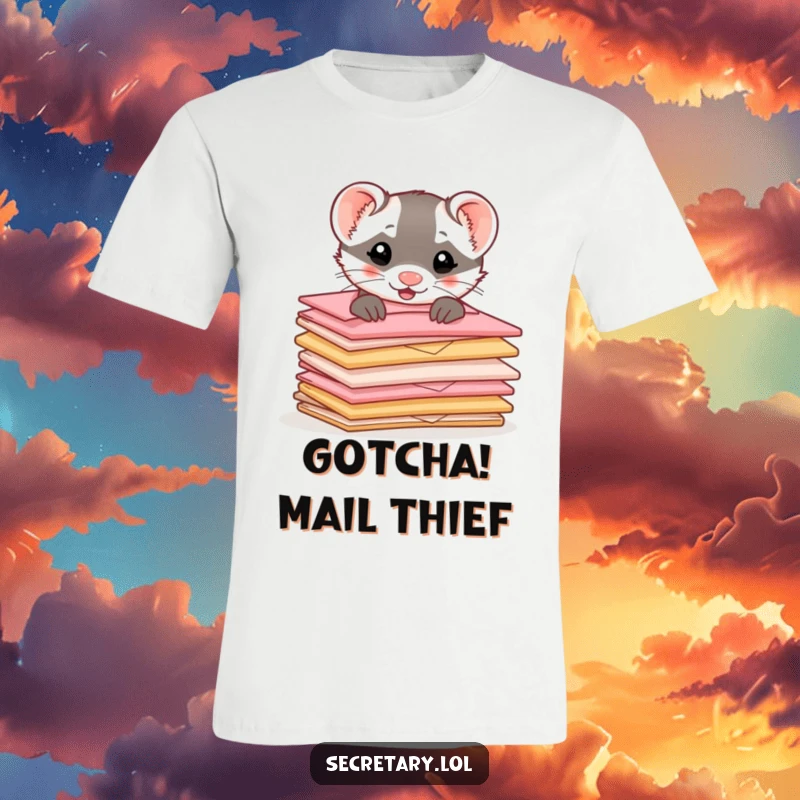 Funny ferret peeking from behind a stack of tiny, cute envelopes on a t-shirt, showcasing playful mischief and postal fun.