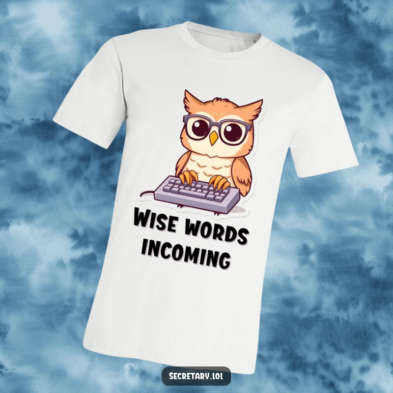 Funny owl wearing spectacles, energetically typing on a miniature keyboard, showcasing a smart and humorous personality.