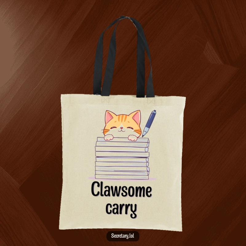 Funny curious cat behind papers, batting a pen, ideal for tote bags, a cute design.