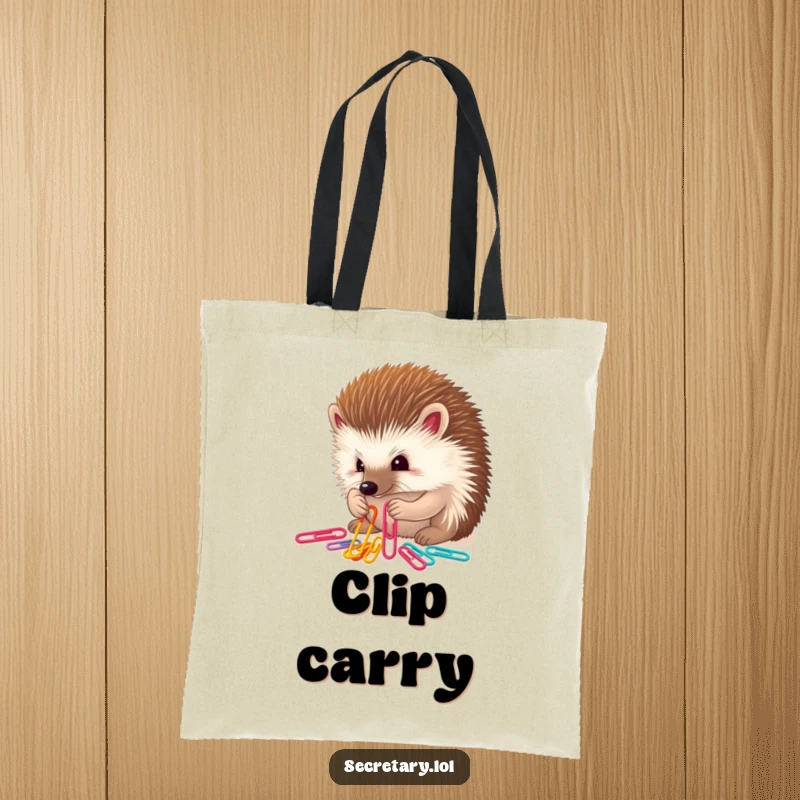 Funny determined hedgehog sorting colorful paper clips with tiny paws, ideal for tote bags.