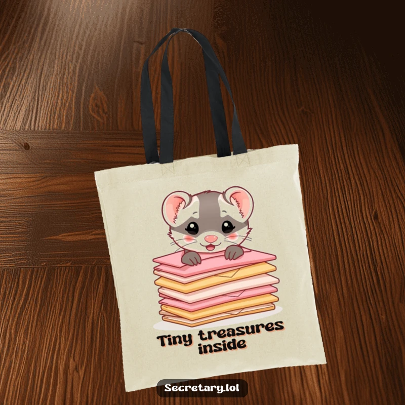 Funny ferret peeking from behind a stack of miniature, cute envelopes on a durable tote bag, perfect for carrying items.