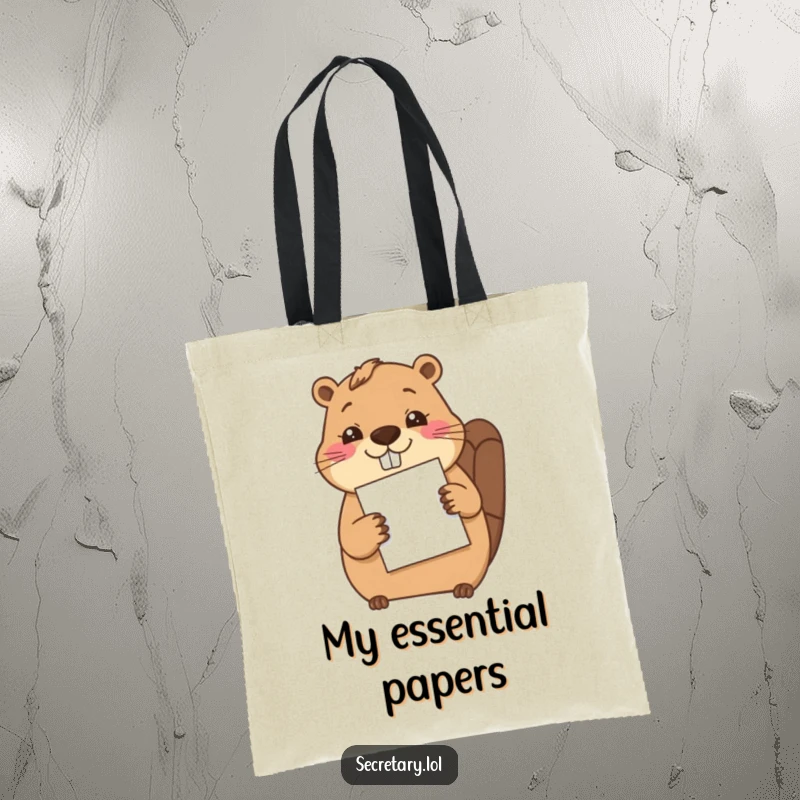 Funny cheerful beaver carefully filing a single sheet of paper with its paw, making this a humorous and functional tote.