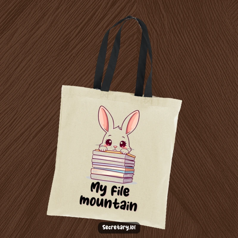 Funny rabbit peeking over a stack of overflowing files with wide eyes, on a tote bag for humorous carrying.